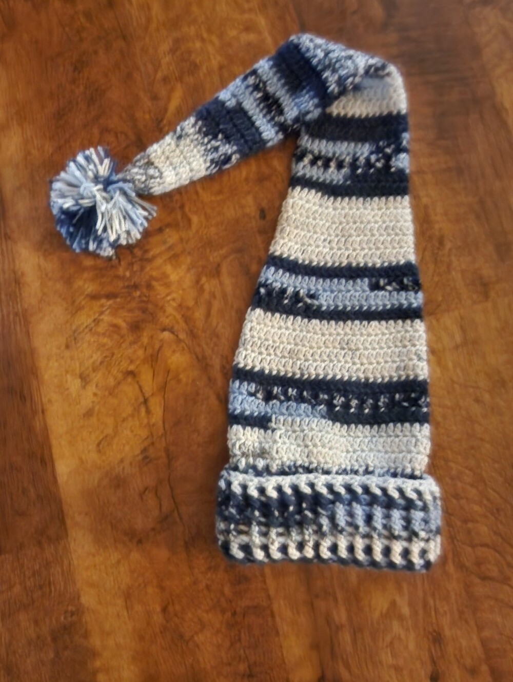 New Handmade Crochet Long Tail Stocking Hat Blue Cream Striped Elf Cap Beanie